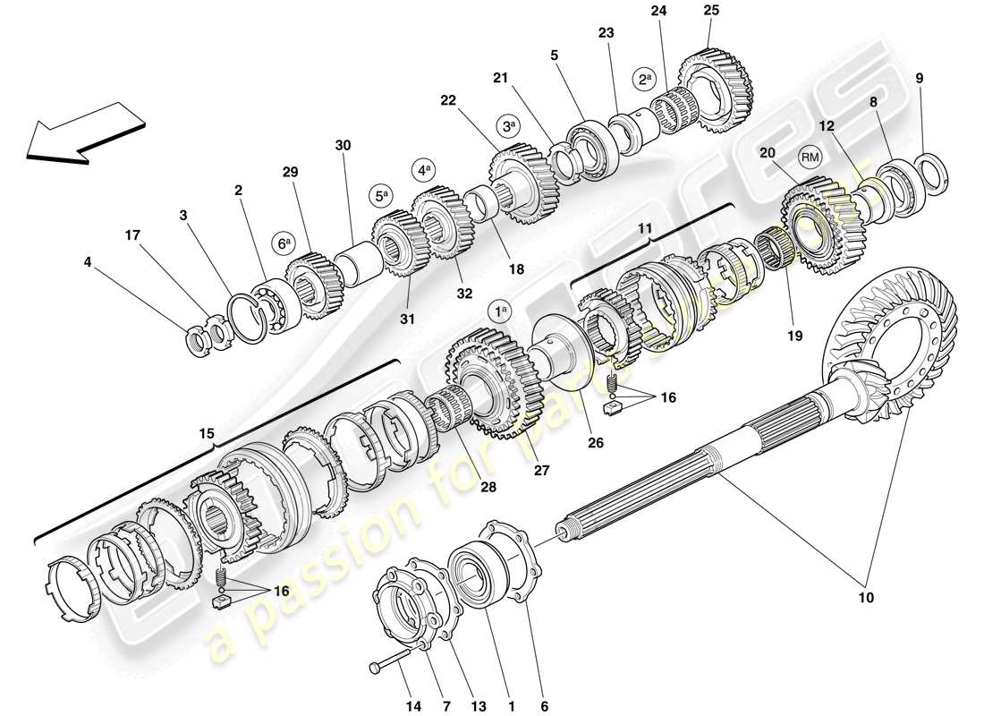 ferrari 612 scaglietti (rhd) secondary gearbox shaft gears part diagram