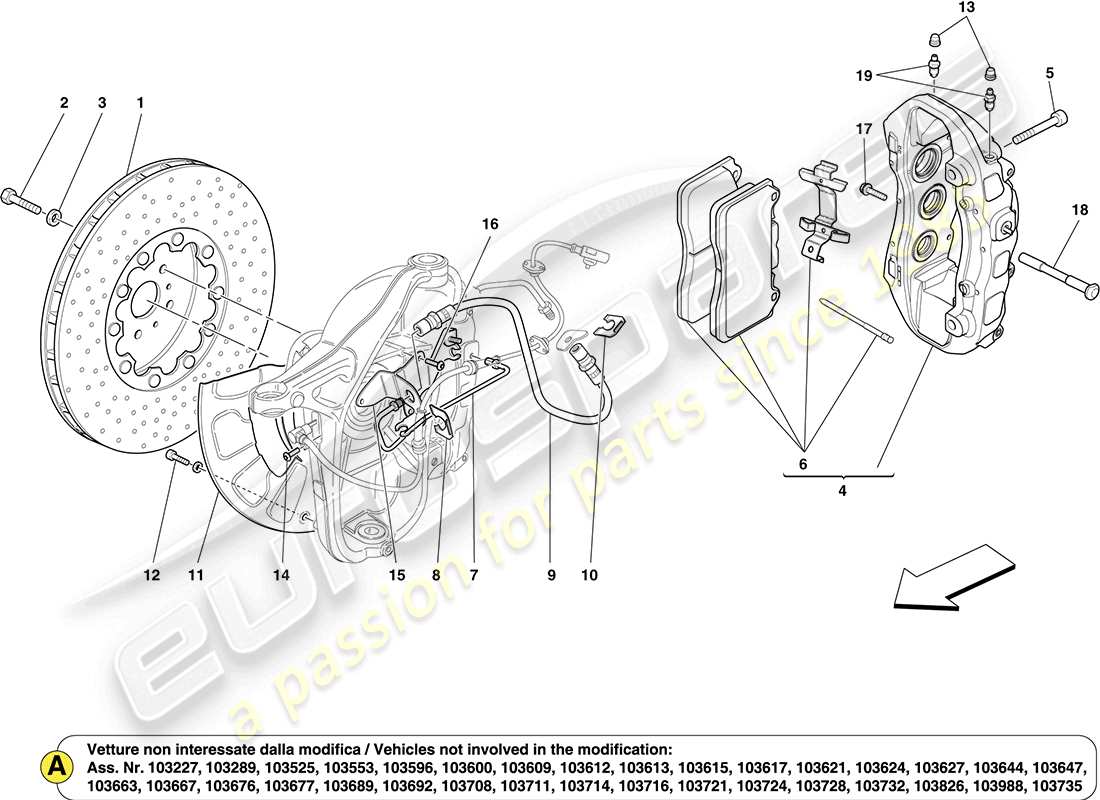 ferrari california (usa) front wheel brake system components part diagram