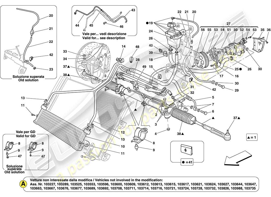 ferrari california (usa) steering box and power steering pump part diagram