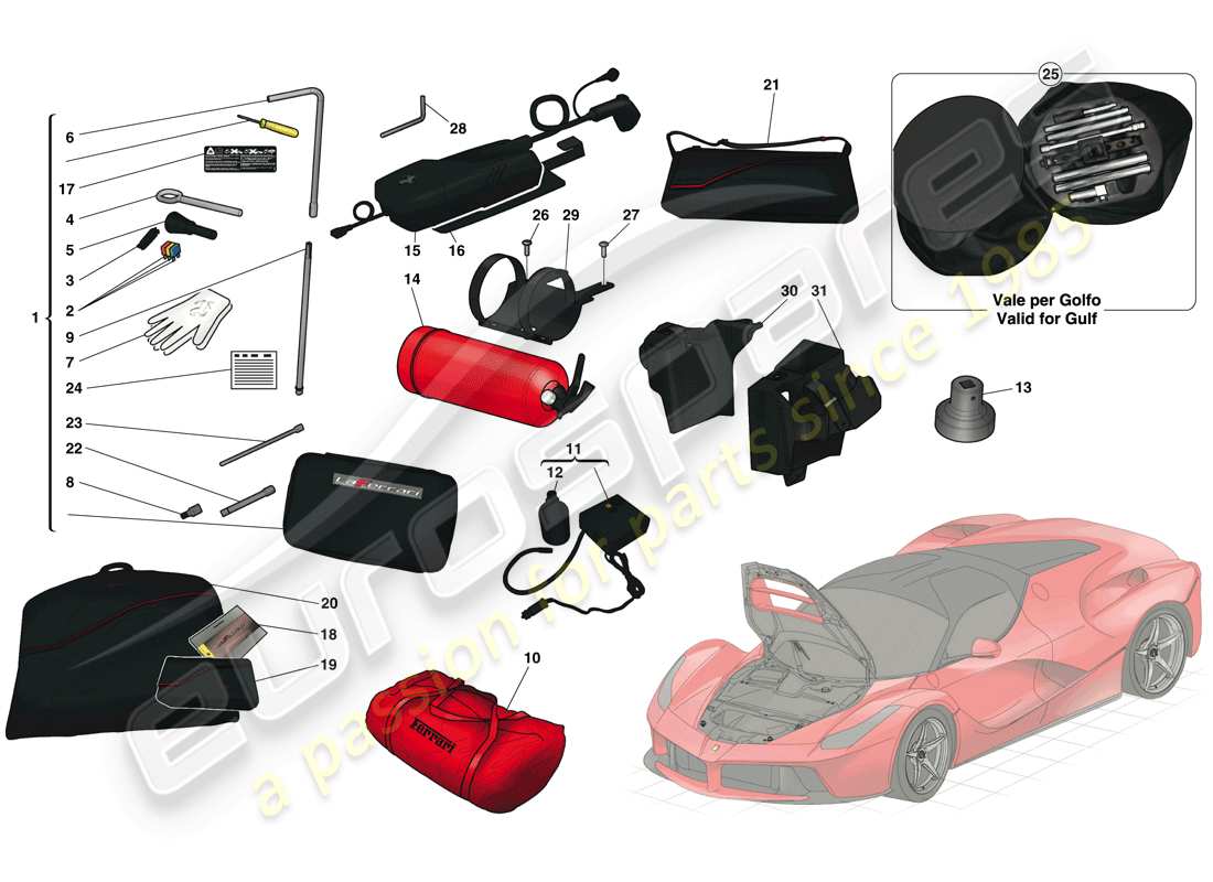 ferrari laferrari (europe) front compartment and tools supplied with vehicle part diagram