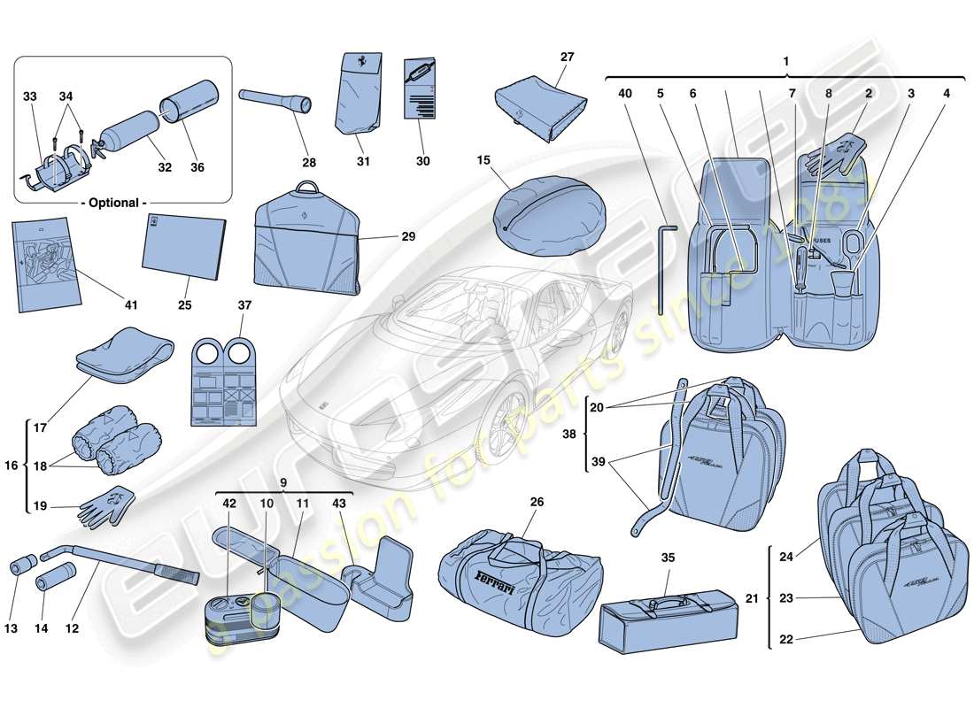 ferrari 458 italia (europe) tools and accessories provided with vehicle part diagram