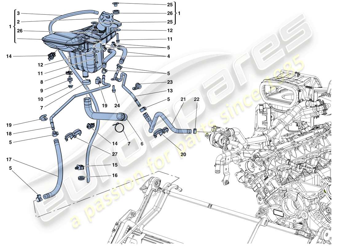 ferrari california t (rhd) cooling: header tank and pipes part diagram