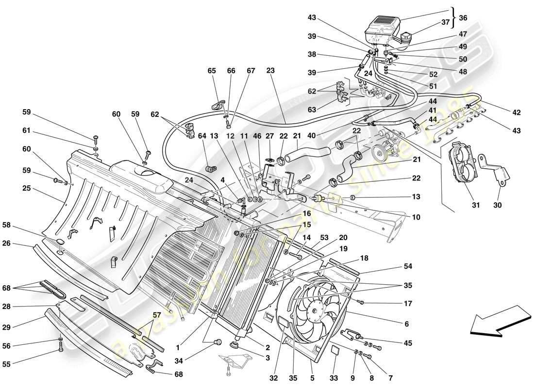 ferrari 612 scaglietti (usa) cooling system - radiator and header tank part diagram