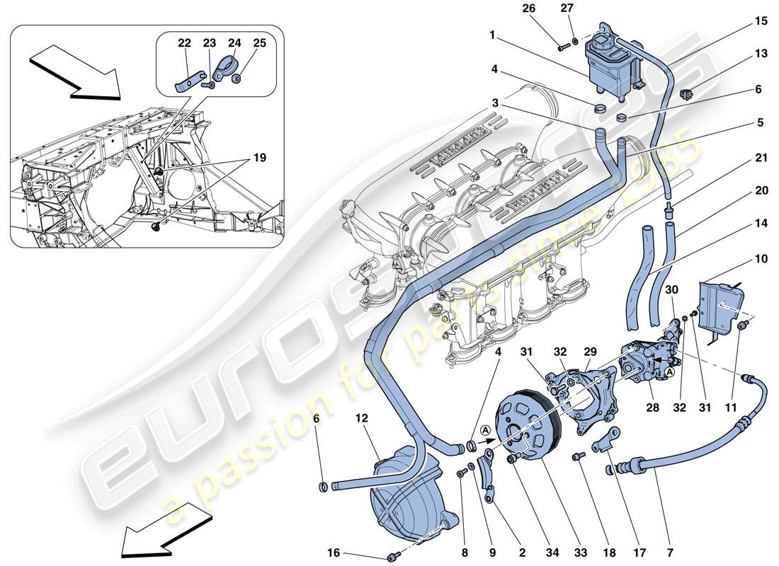 ferrari 458 speciale aperta (rhd) power steering pump and reservoir part diagram