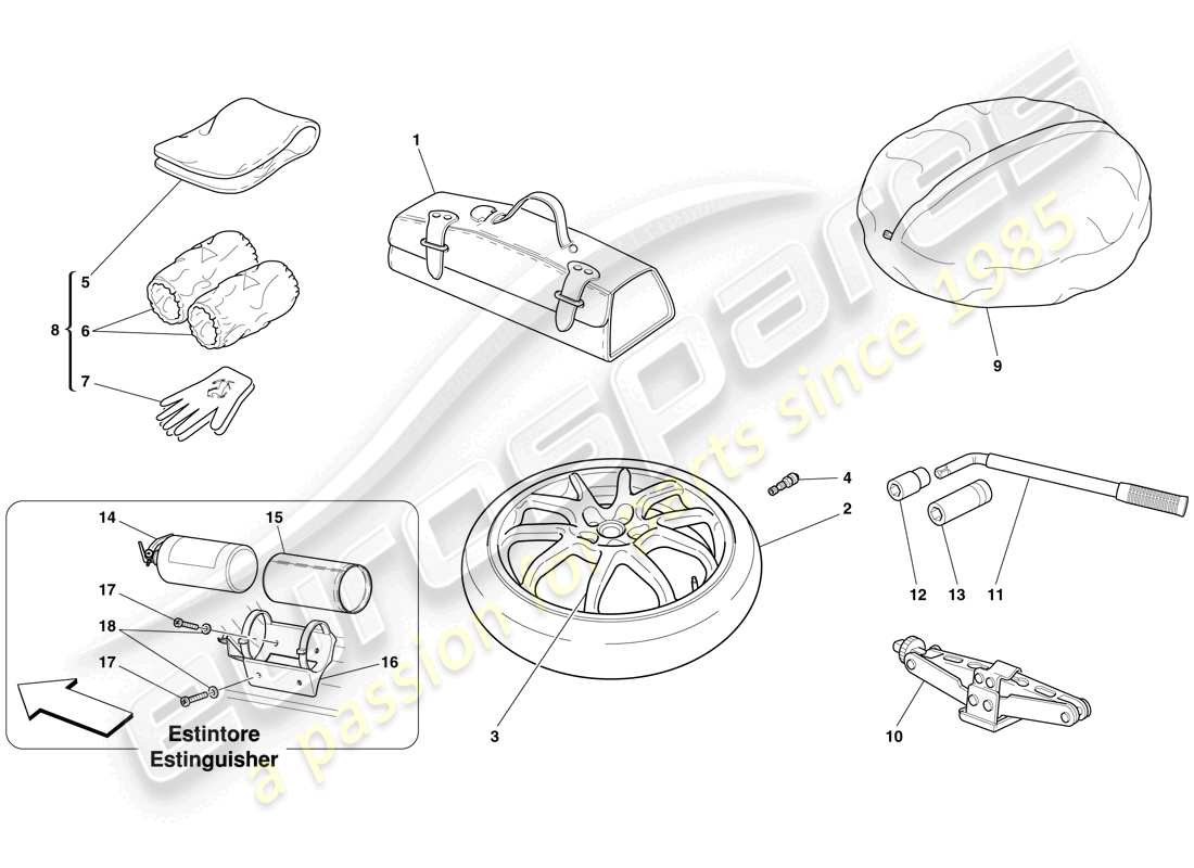 ferrari 612 scaglietti (usa) spare wheel and accessories part diagram