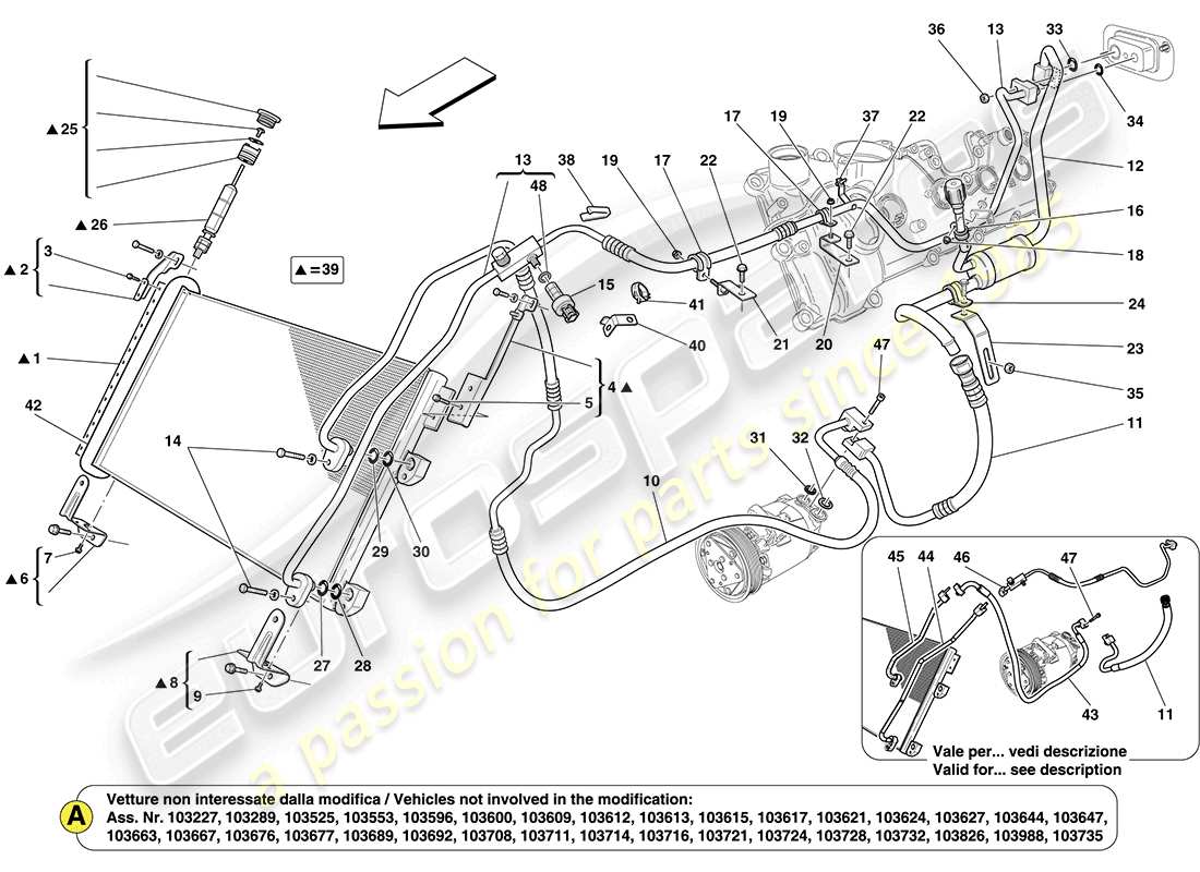 ferrari california (usa) ac unit: components in engine compartment part diagram