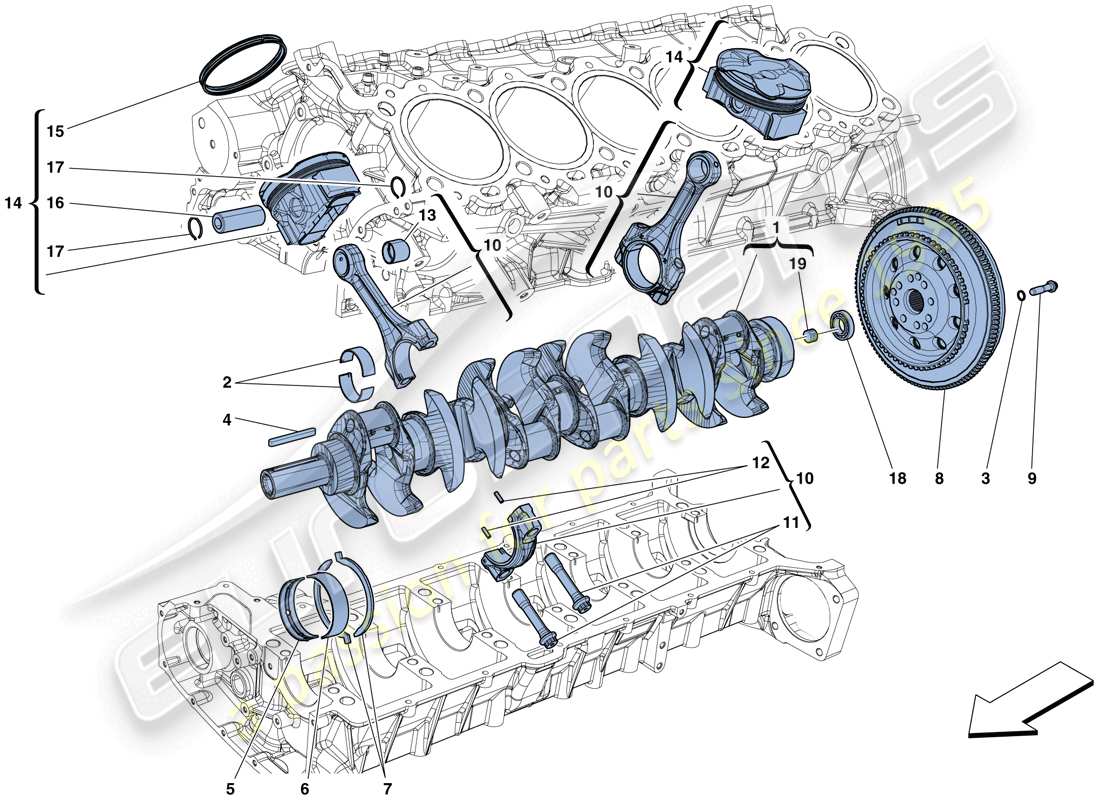 ferrari f12 berlinetta (rhd) crankshaft - connecting rods and pistons parts diagram