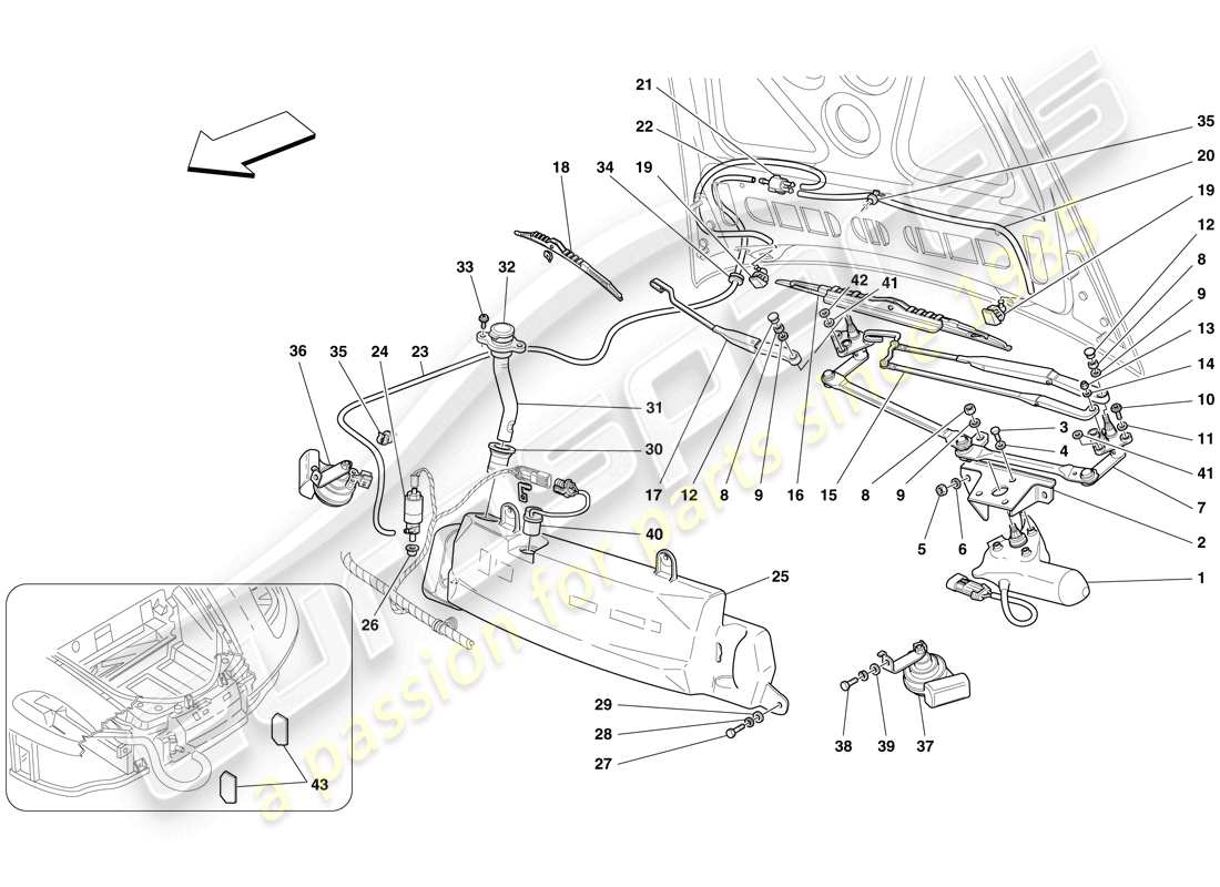 ferrari f430 spider (usa) windscreen wiper, windscreen washer and horns part diagram