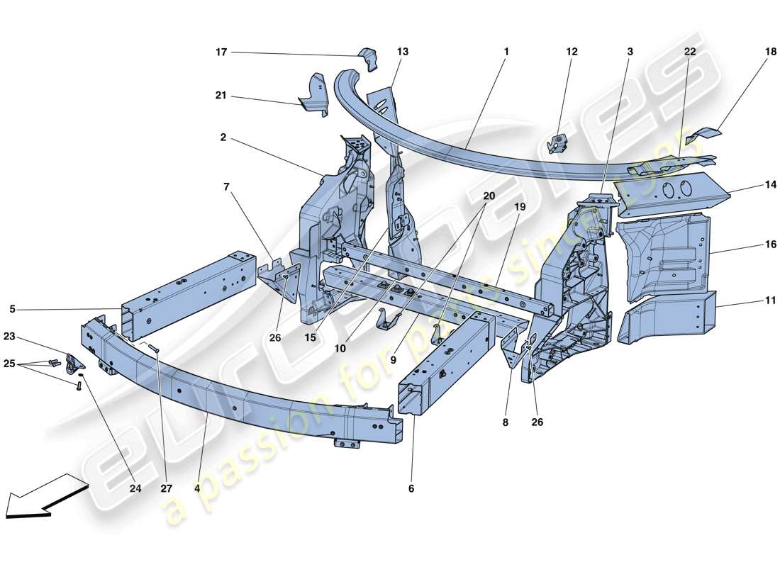 ferrari 488 gtb (rhd) chassis - structure, front elements and panels part diagram