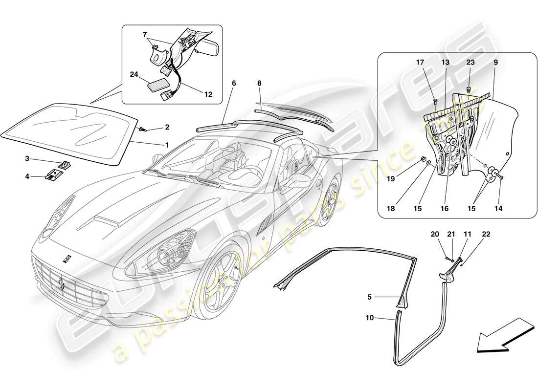 ferrari california (europe) screens, windows and seals part diagram