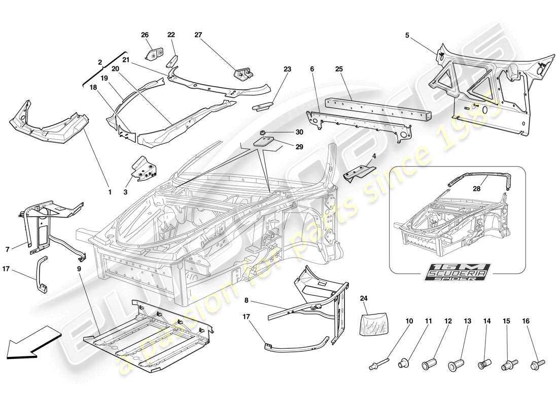 ferrari f430 scuderia (rhd) chassis - complete front structure and panels part diagram