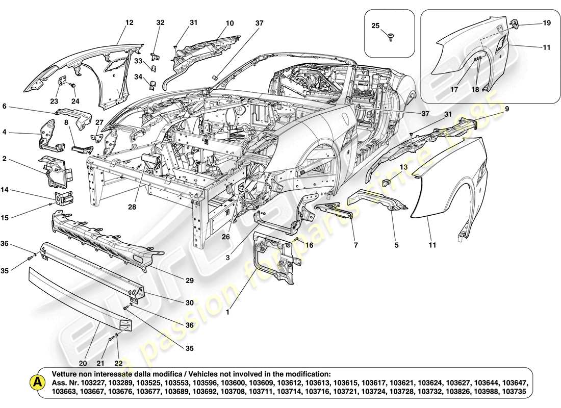 ferrari california (rhd) front bodyshell and external trim part diagram