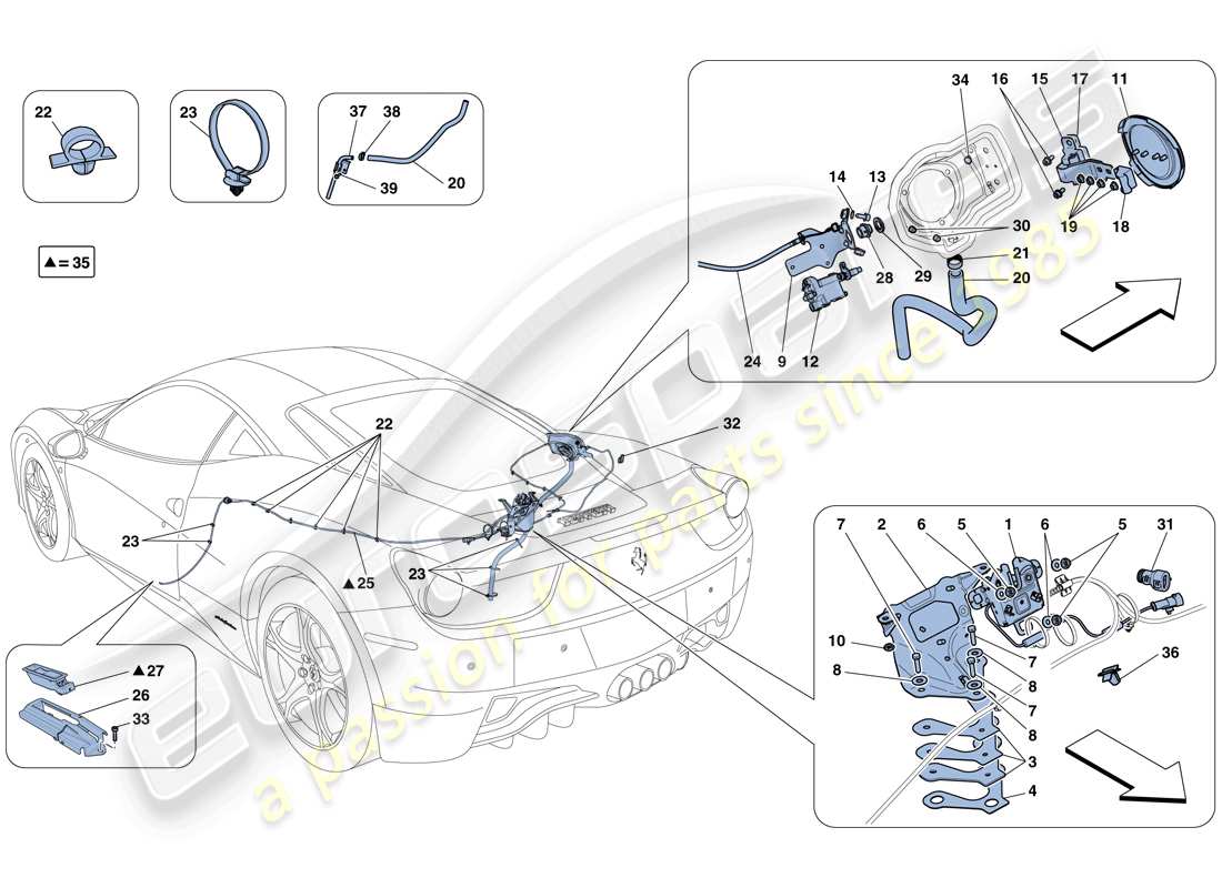 ferrari 458 italia (rhd) engine compartment lid and fuel filler flap opening mechanisms part diagram