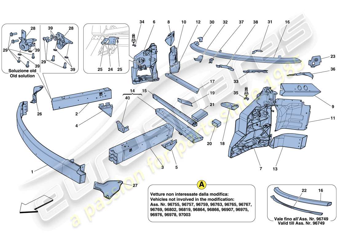 ferrari 458 italia (usa) chassis - structure, front elements and panels part diagram