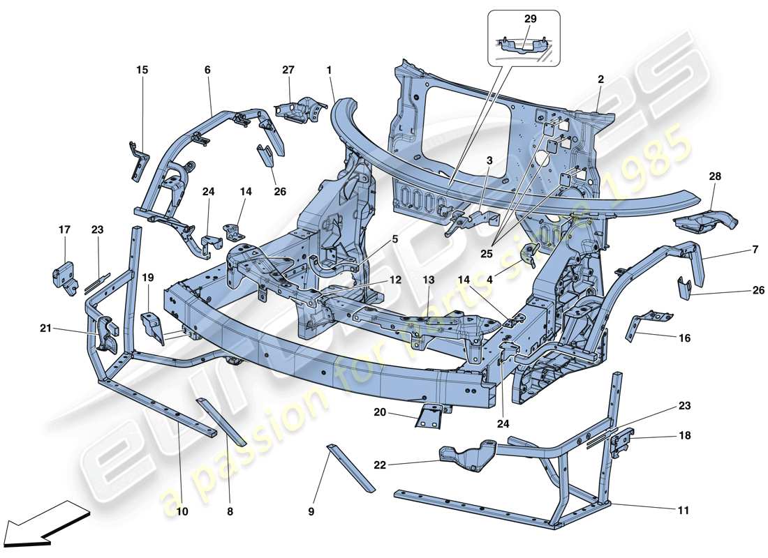 ferrari 488 gtb (rhd) chassis - complete front structure and panels part diagram