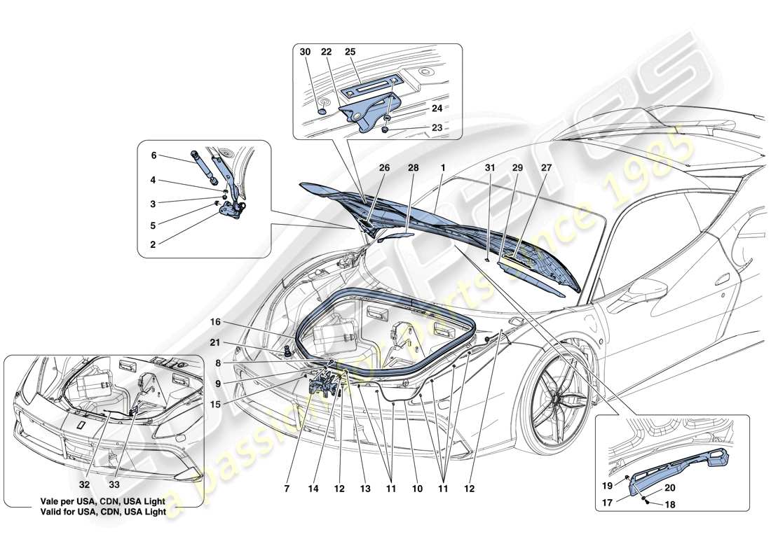 ferrari 488 gtb (rhd) front lid and opening mechanism part diagram