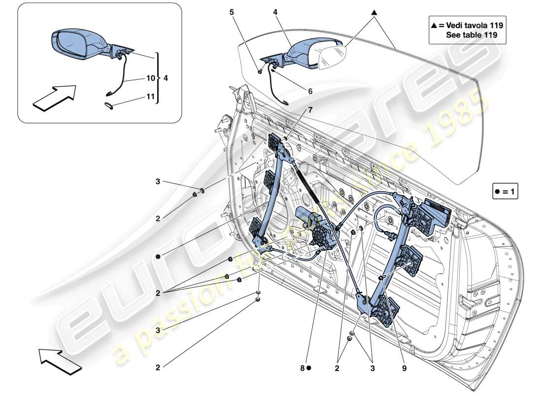 ferrari gtc4 lusso (rhd) doors - power window and rear view mirror part diagram