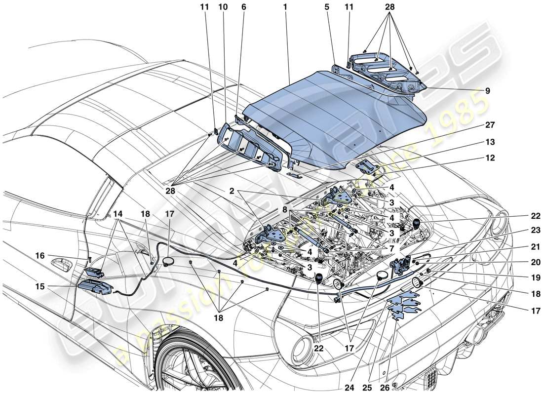 ferrari 488 spider (usa) engine compartment lid and release mechanism part diagram