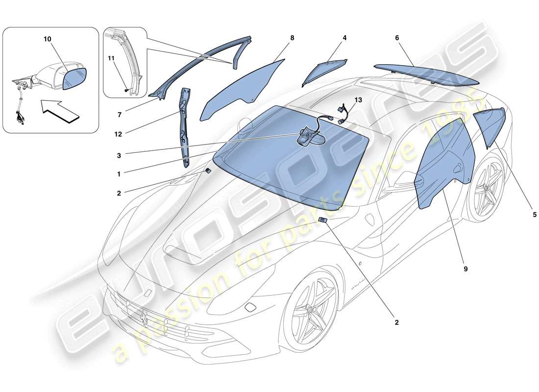 ferrari f12 berlinetta (rhd) screens, windows and seals part diagram