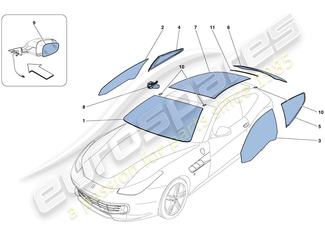 ferrari gtc4 lusso (rhd) screens, windows and seals part diagram