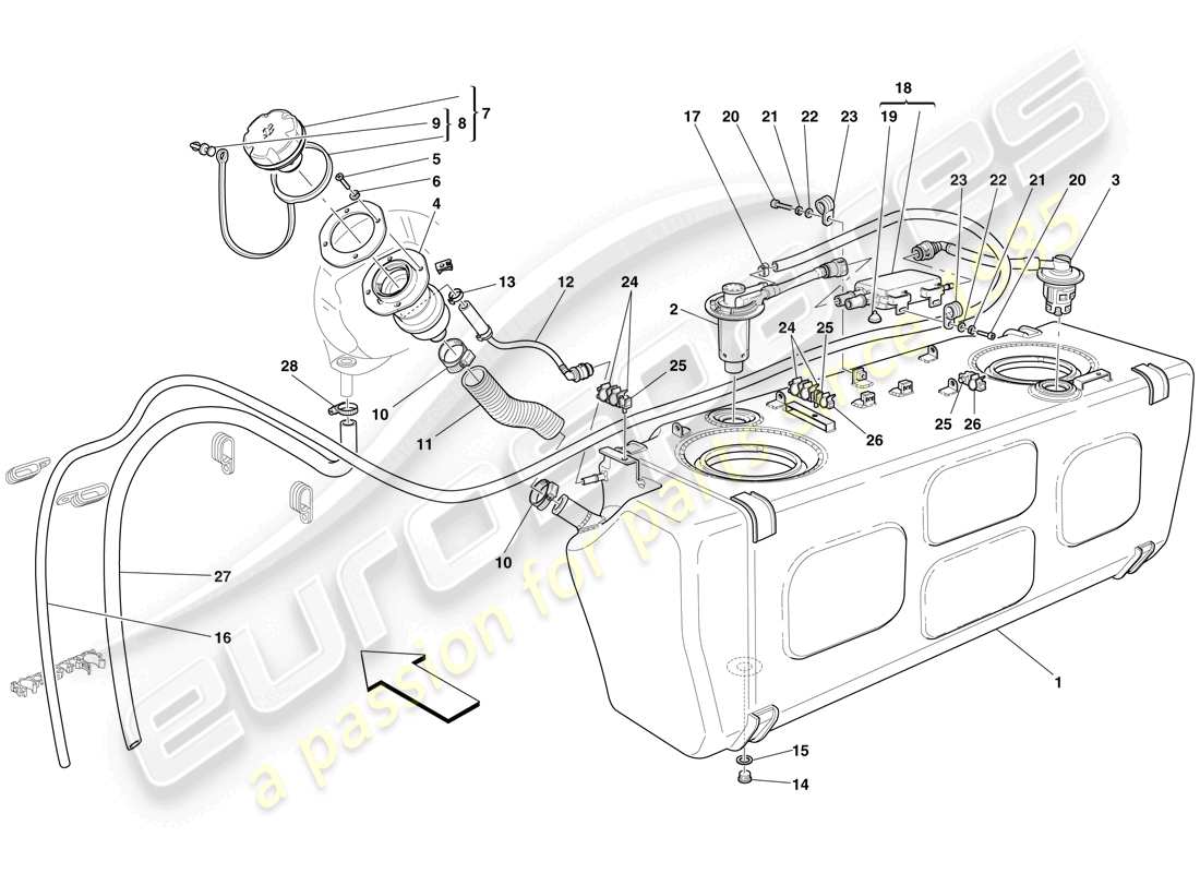 ferrari 612 sessanta (usa) fuel tank - filler neck and pipes part diagram