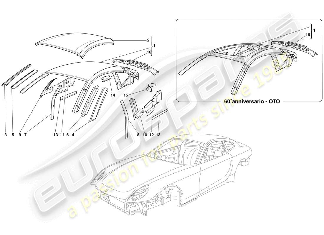 ferrari 612 sessanta (usa) bodyshell - roof part diagram