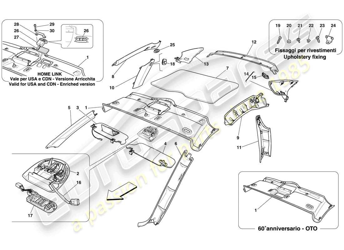 ferrari 612 sessanta (europe) headliner trim and accessories part diagram