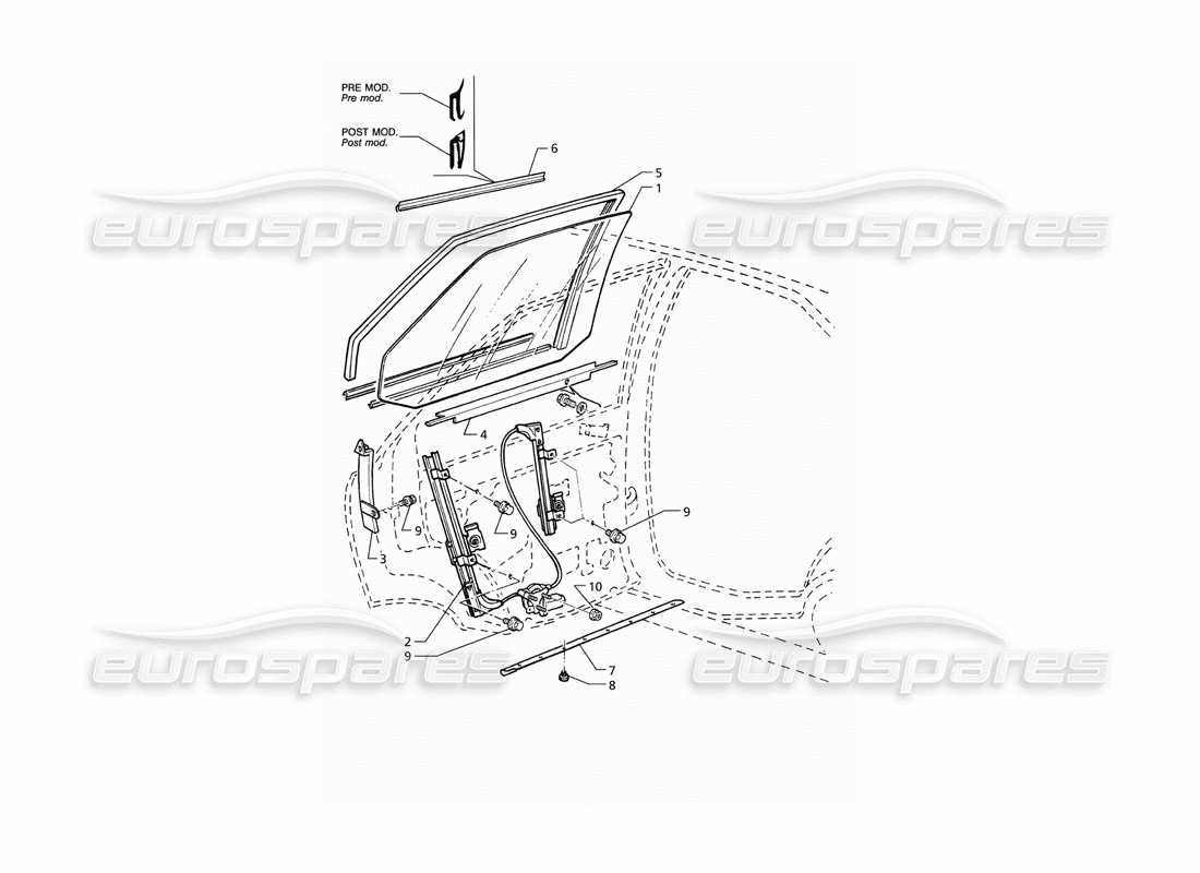 maserati qtp v8 (1998) rear doors: windows and regulators part diagram