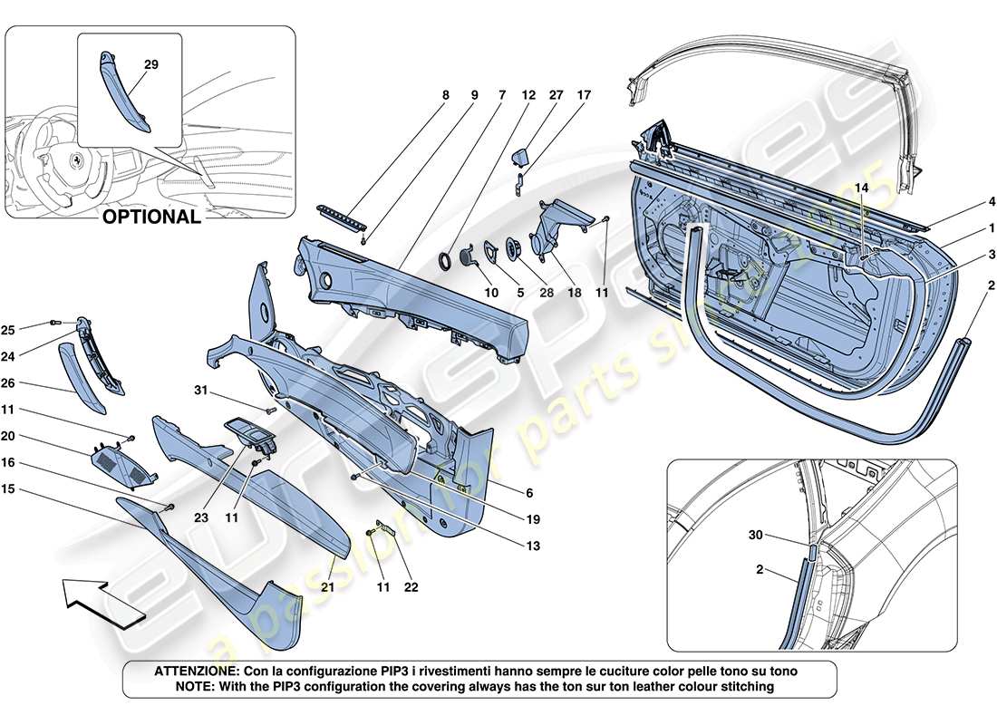 ferrari ff (rhd) doors - substructure and trim part diagram