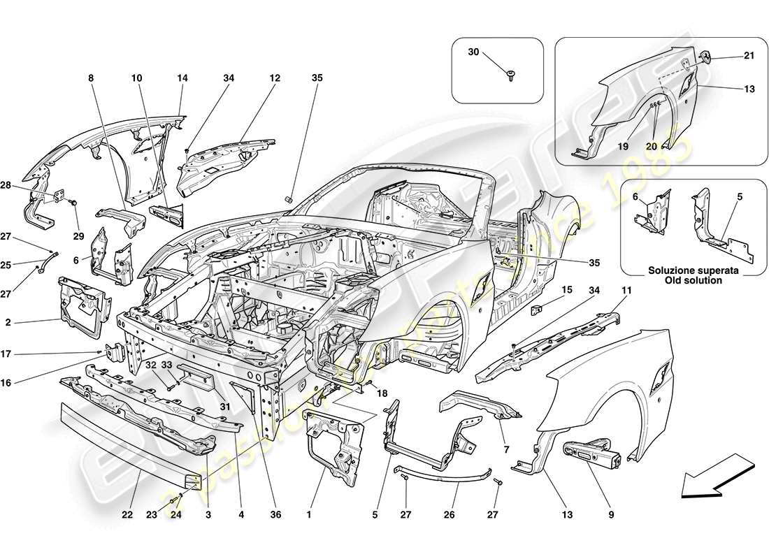 ferrari california (rhd) bodyshell and external front trim part diagram