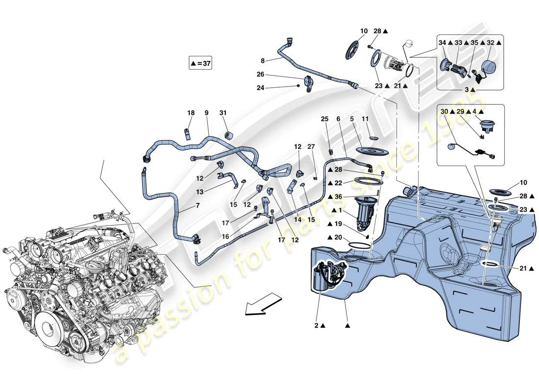 ferrari california t (rhd) fuel pump and connector pipes part diagram