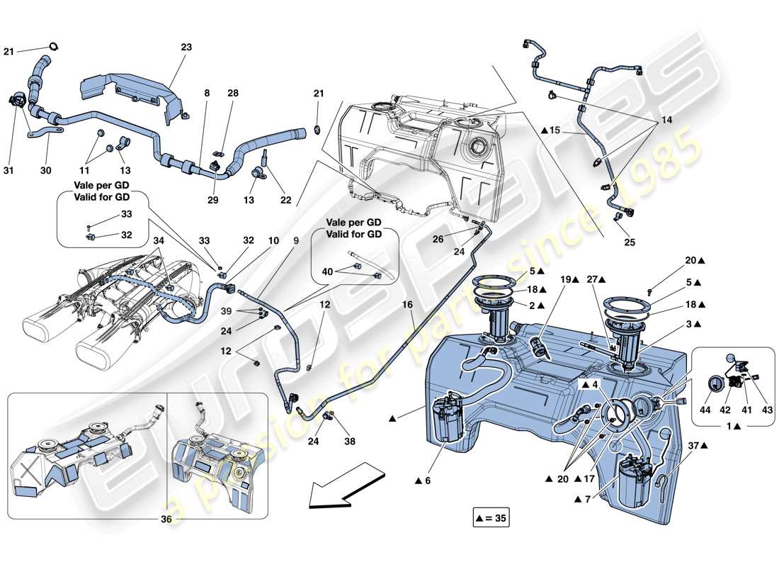 ferrari f12 tdf (rhd) fuel tank, fuel system pumps and pipes part diagram