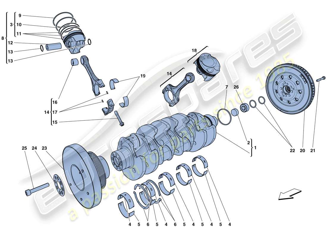 ferrari california t (europe) crankshaft, connecting rods and pistons part diagram