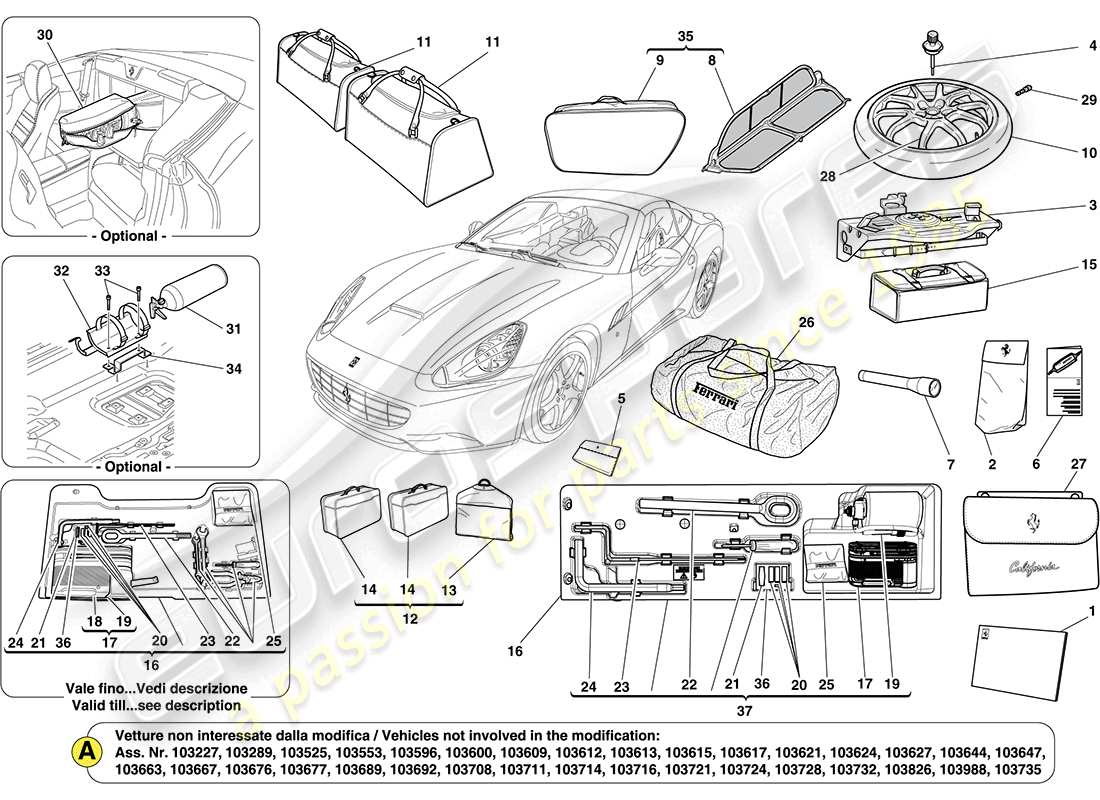 ferrari california (europe) standard accessories part diagram