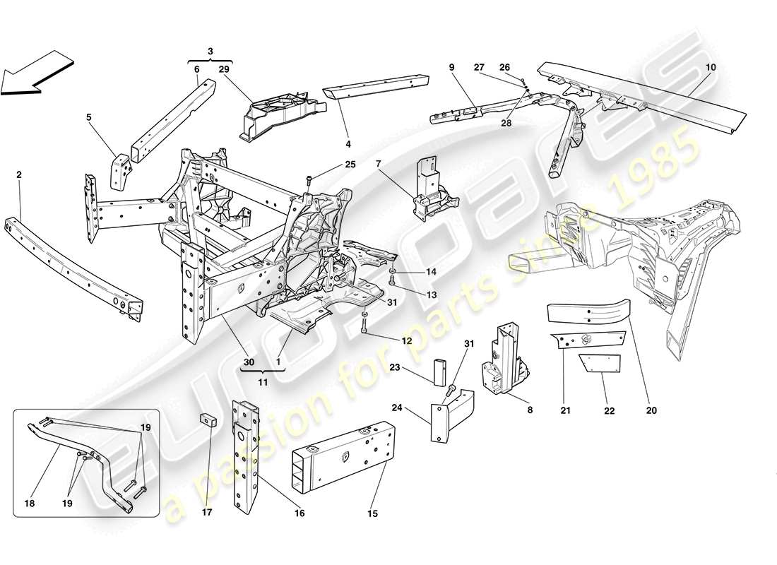 ferrari california (europe) front structures and chassis box sections part diagram