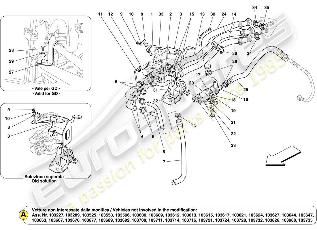 ferrari california (europe) ac unit: components in engine compartment part diagram