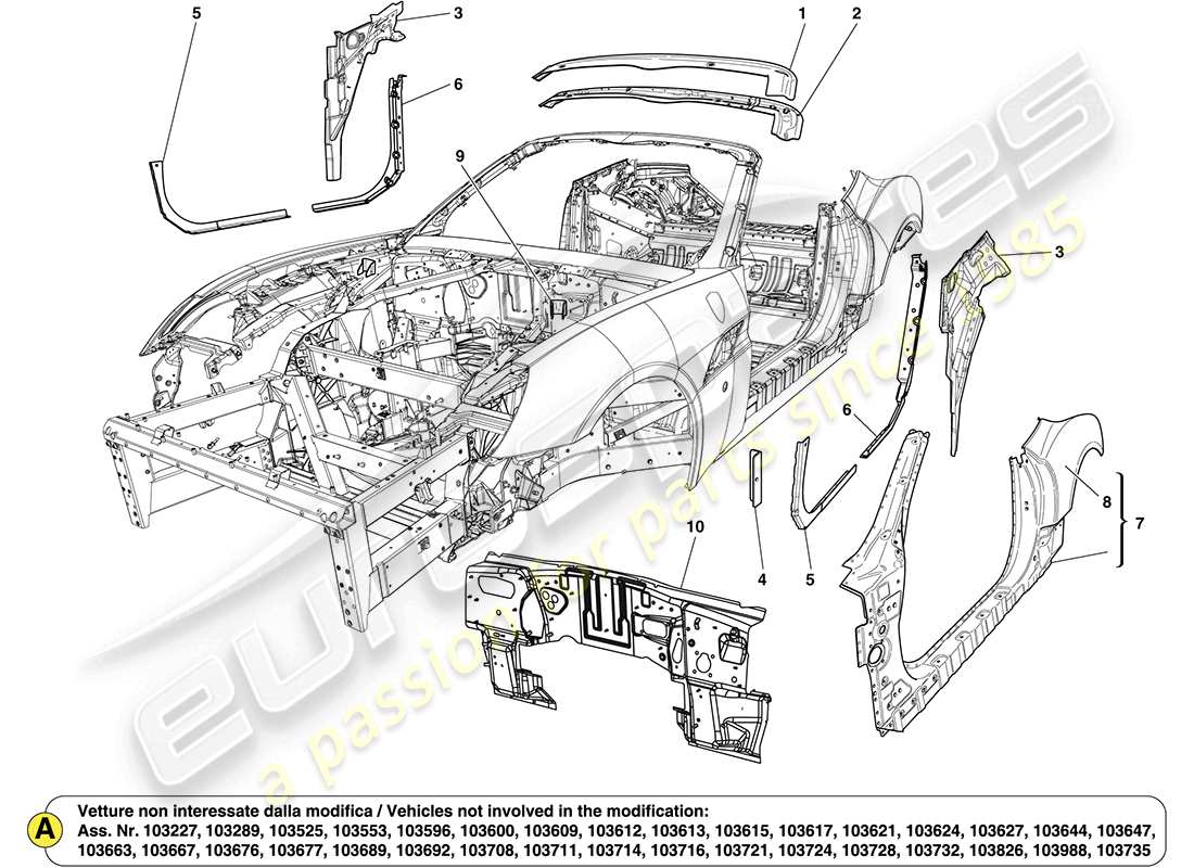 ferrari california (europe) centre bodyshell and external trim part diagram