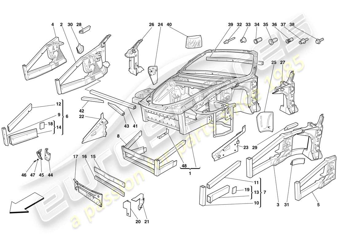 ferrari f430 spider (usa) chassis - structure, front elements and panels part diagram