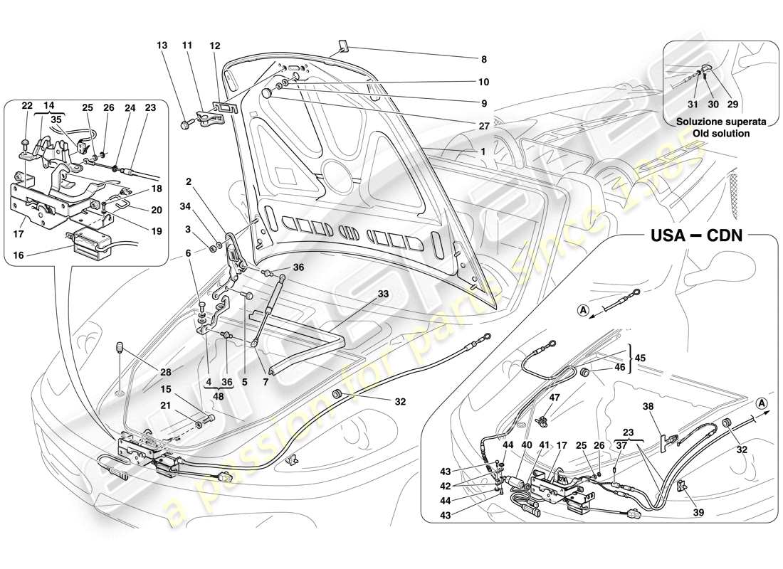 ferrari f430 spider (usa) front lid and opening mechanism part diagram