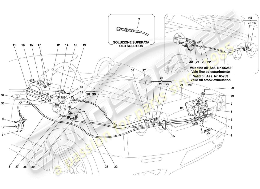 ferrari f430 spider (usa) engine compartment lid and fuel filler flap opening mechanisms part diagram