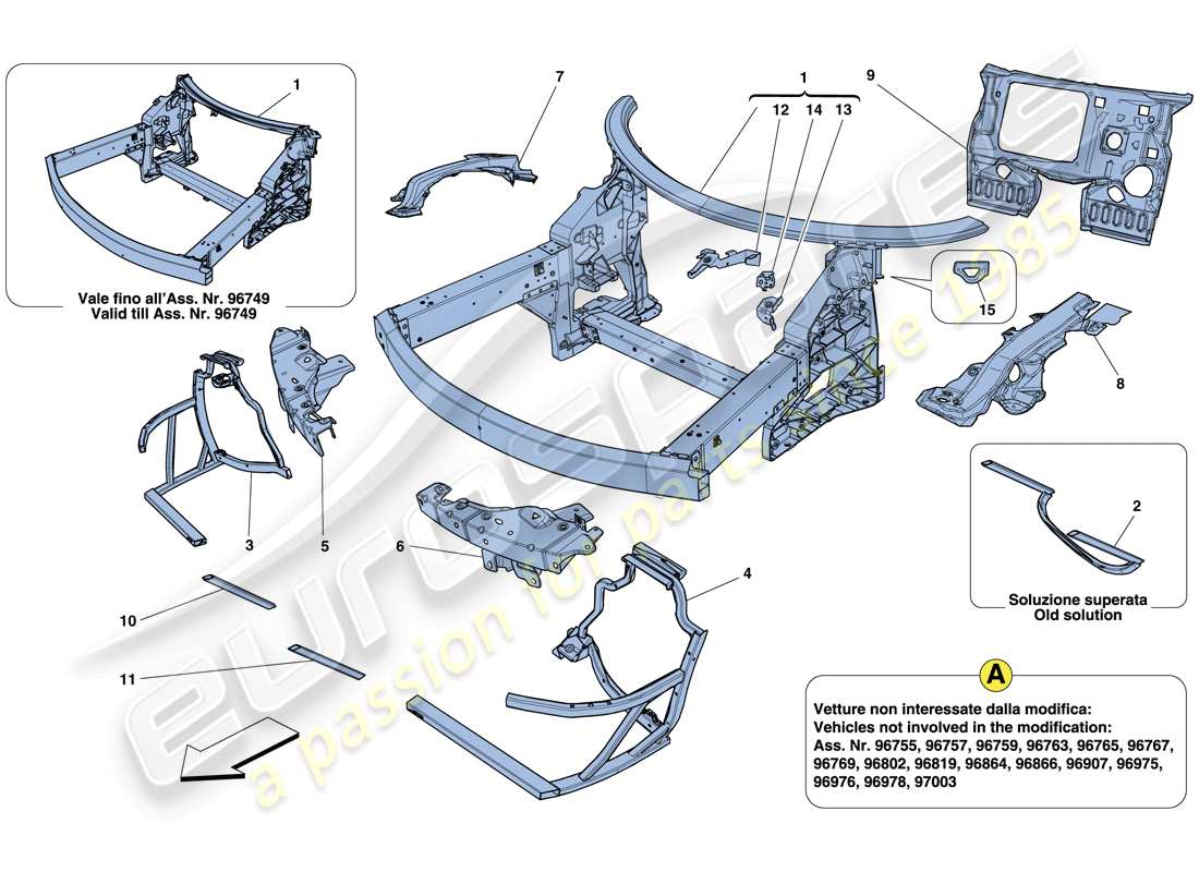 ferrari 458 italia (rhd) chassis - complete front structure and panels parts diagram