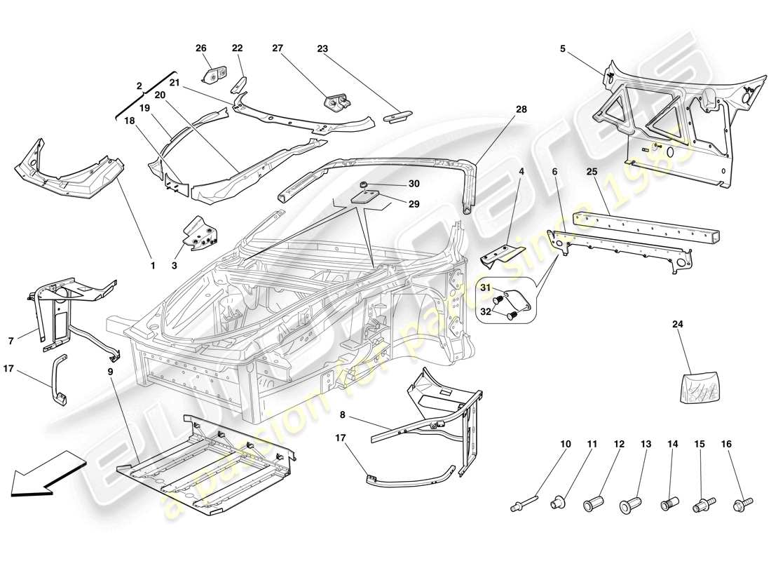 ferrari f430 spider (usa) chassis - complete front structure and panels part diagram