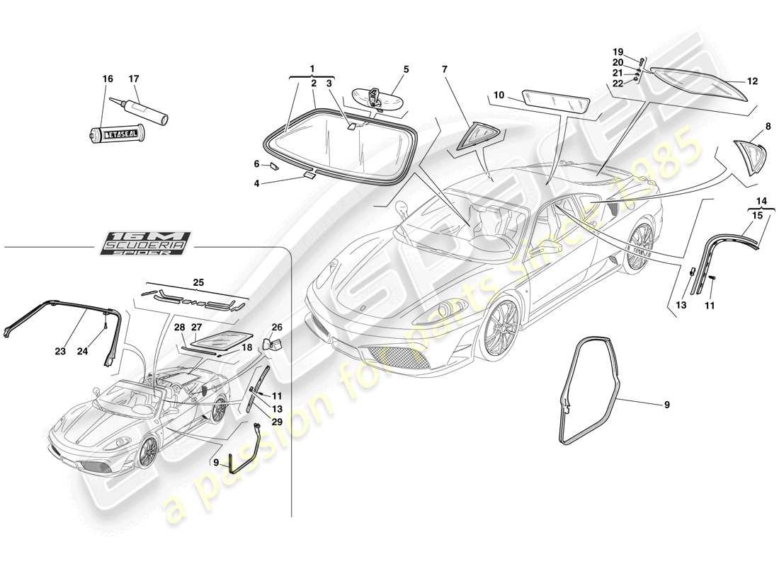 ferrari f430 scuderia (europe) screens, windows and seals part diagram