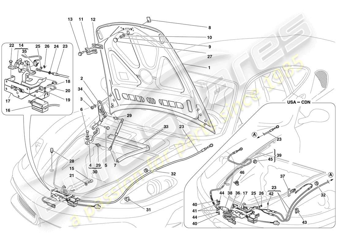 ferrari f430 scuderia (rhd) front lid and opening mechanism part diagram