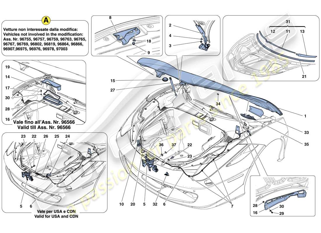 ferrari 458 italia (usa) front lid and opening mechanism part diagram