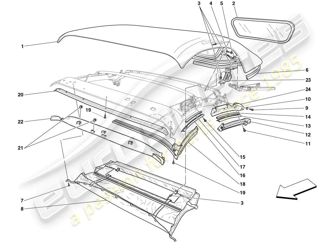 ferrari f430 spider (usa) roof canvas - seals - mouldings part diagram