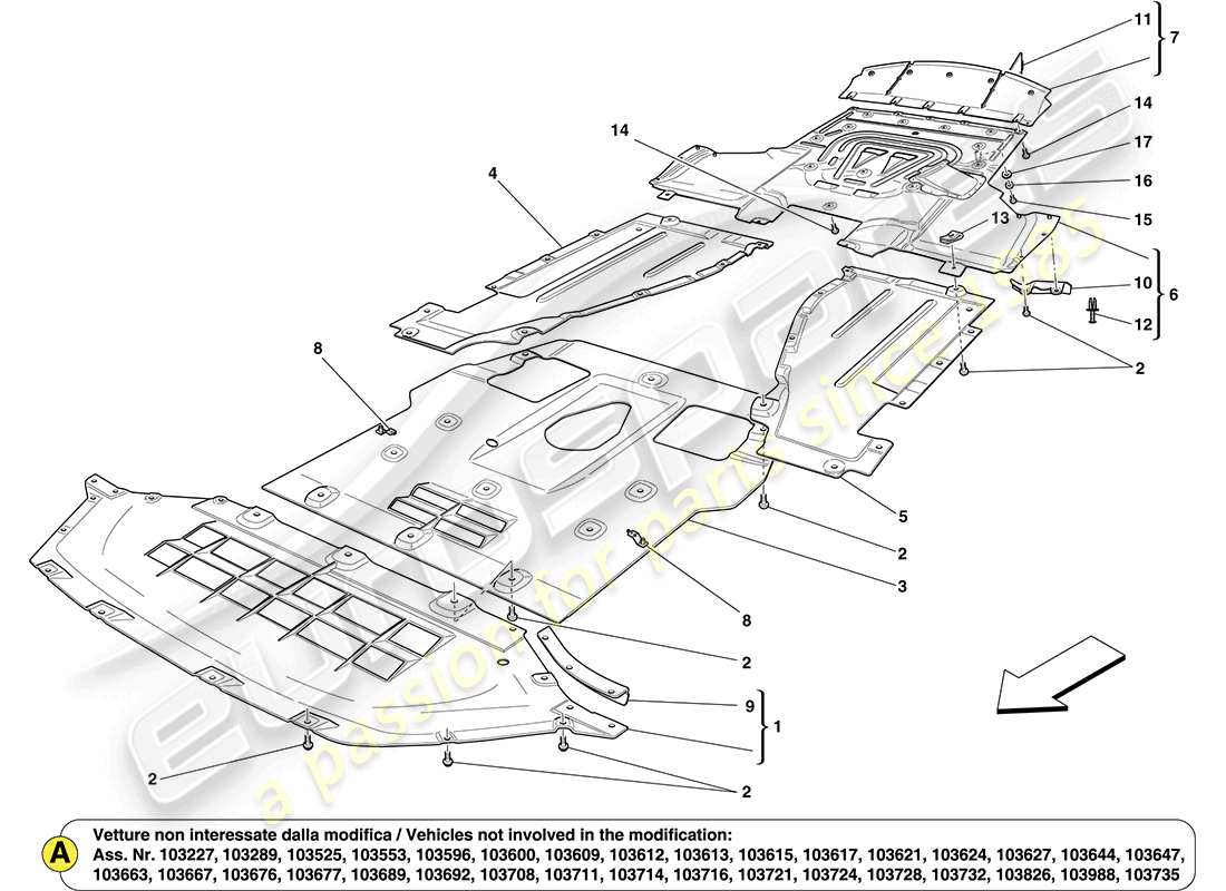 ferrari california (europe) underbody shields and flat undertray sections part diagram