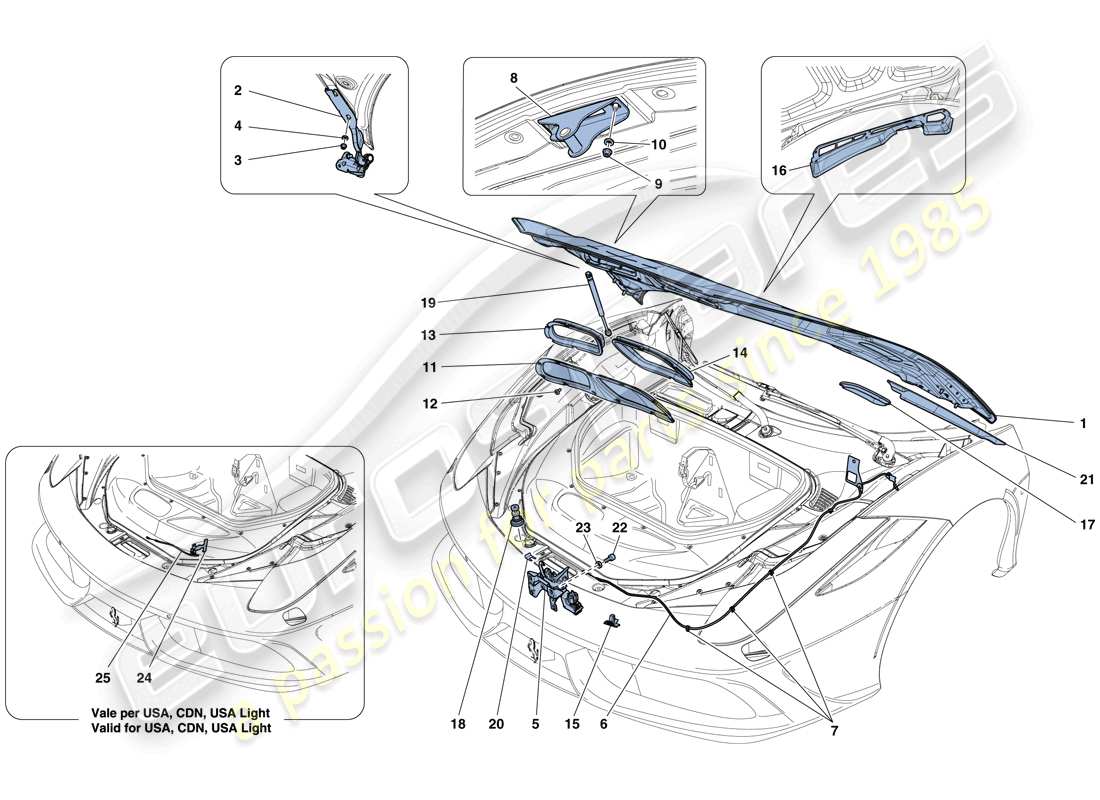 ferrari 458 speciale aperta (rhd) front lid and opening mechanism part diagram