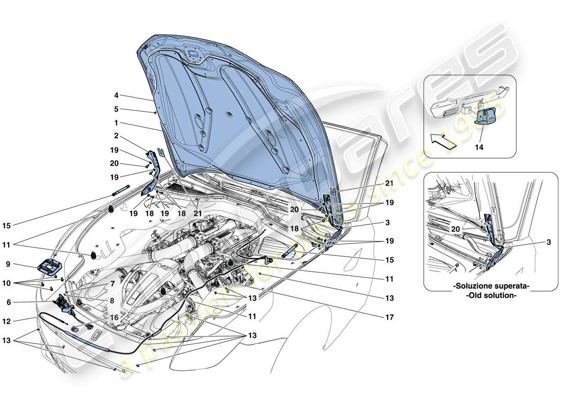 ferrari gtc4 lusso t (rhd) front lid and opening mechanism part diagram