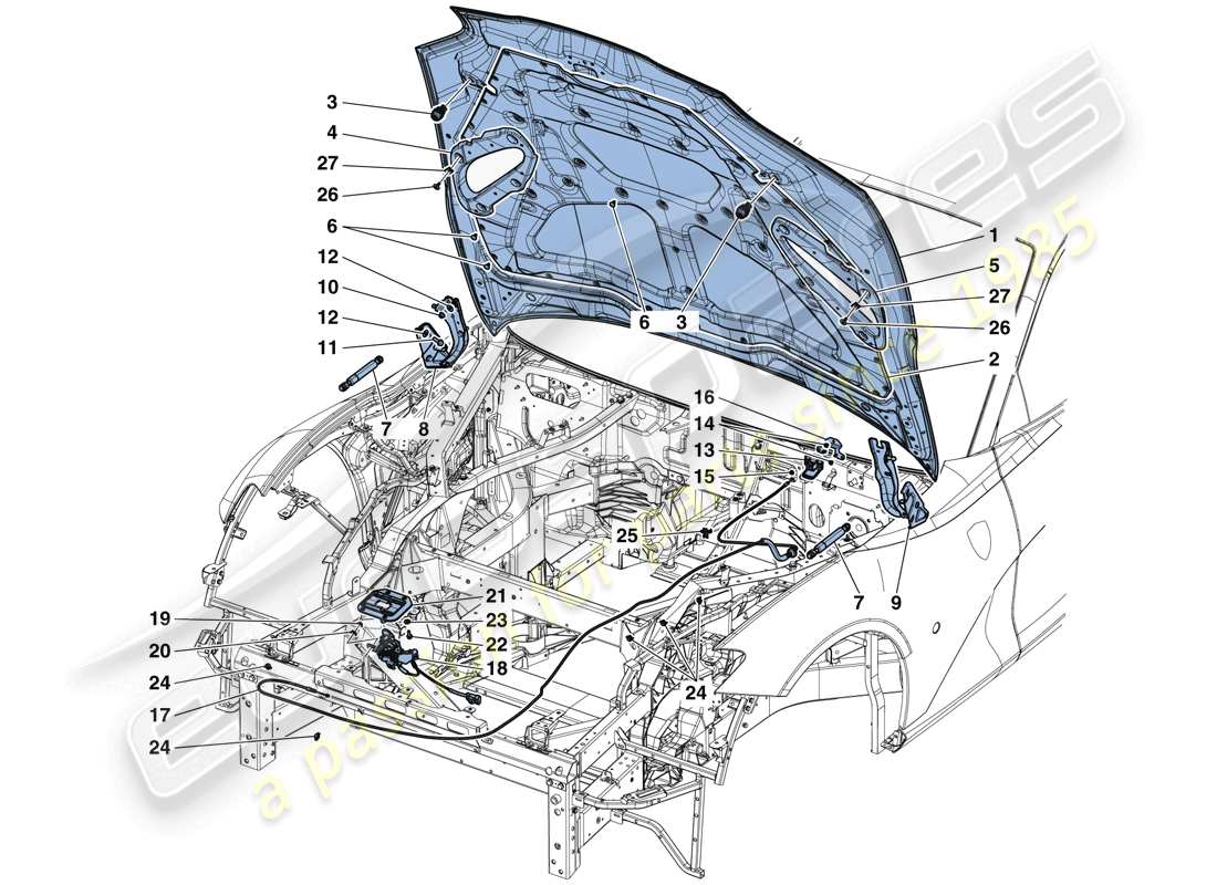 ferrari 812 superfast (usa) front lid and opening mechanism part diagram